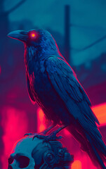 cyberpunk raven with glowing eyes on a skull – dark futuristic illustration perfect for book covers, music album art, or gothic-themed posters