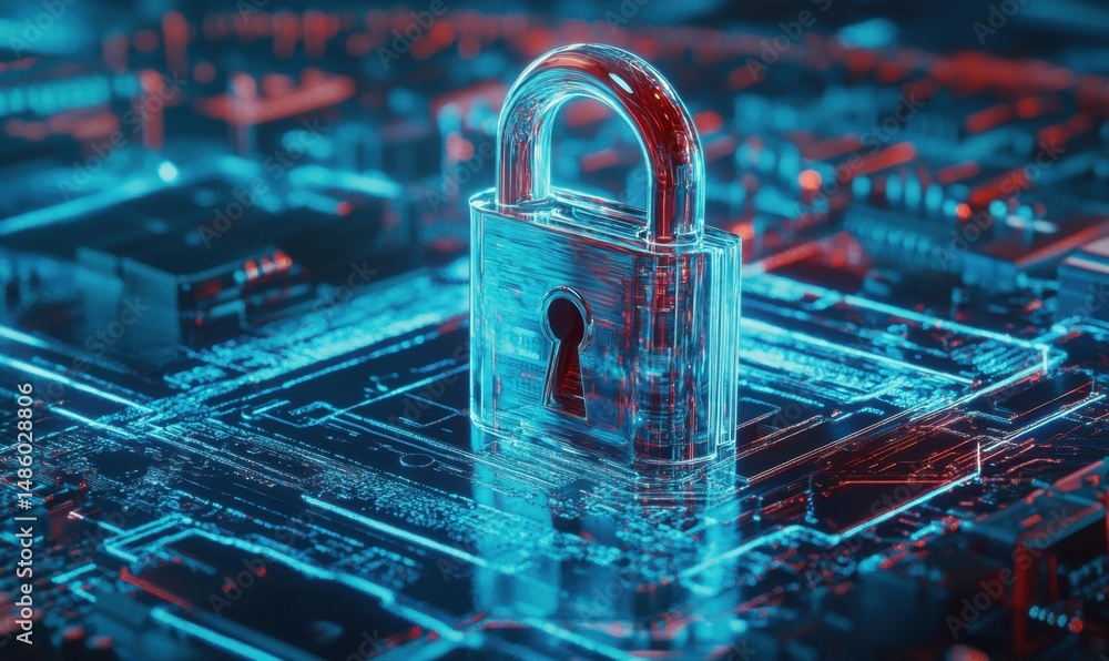 Poster cyber security lock on digital circuit board; data protection