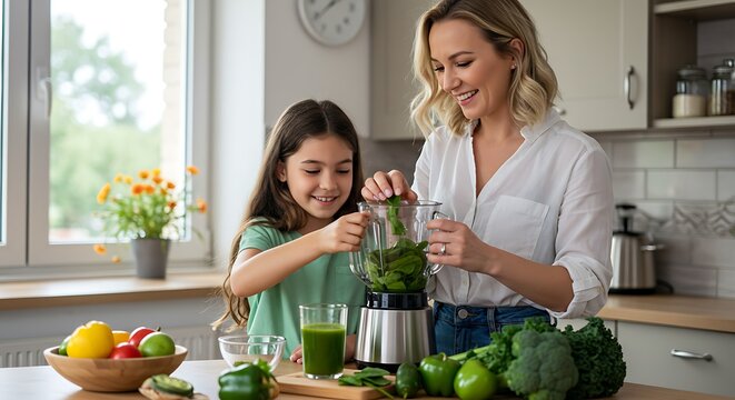 A mother and daughter are in the kitchen preparing a healthy green smoothie together to enjoy.