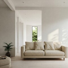 Bright and Modern Living Room with Beige Sofa, Minimalist Decor, and Natural Light