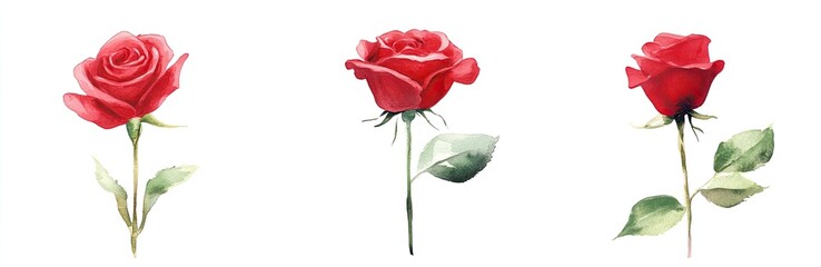 Three red roses with green leaves