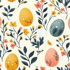 Seamless floral pattern with stylized colorful eggs and delicate leaves and flowers on a light background