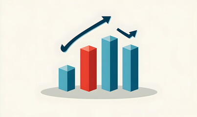 Stylized bar chart with red accent and trend arrows on a cream background, showing growth and slight decline