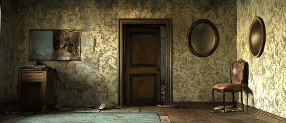 Abandoned room with damaged wallpaper, old furniture, and mirrors.
