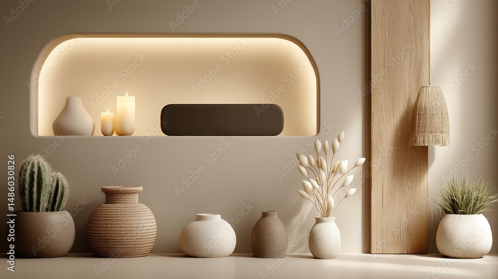Aufkleber elegant minimalist shelf display featuring various decorative vases and a stylish mirror in a modern