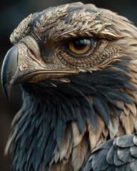 Artistic dark fantasy eagle with gleaming gold light from crown, mystical powerful look, dramatic cinematic light