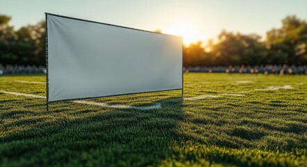 Empty large blank billboard on lush green grass field during golden hour with sun low in sky and blurred trees in background
