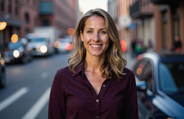 Fototapeta premium Warm smiling woman with burgundy shirt, urban blurred background