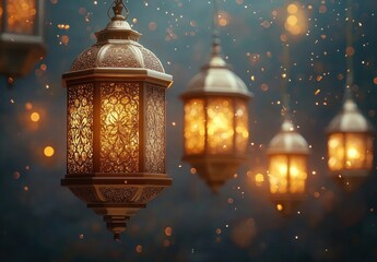 Fototapeta premium ornate glowing lanterns hanging softly illuminated with warm light surrounded by floating glowing particles creating a magical and serene atmosphere