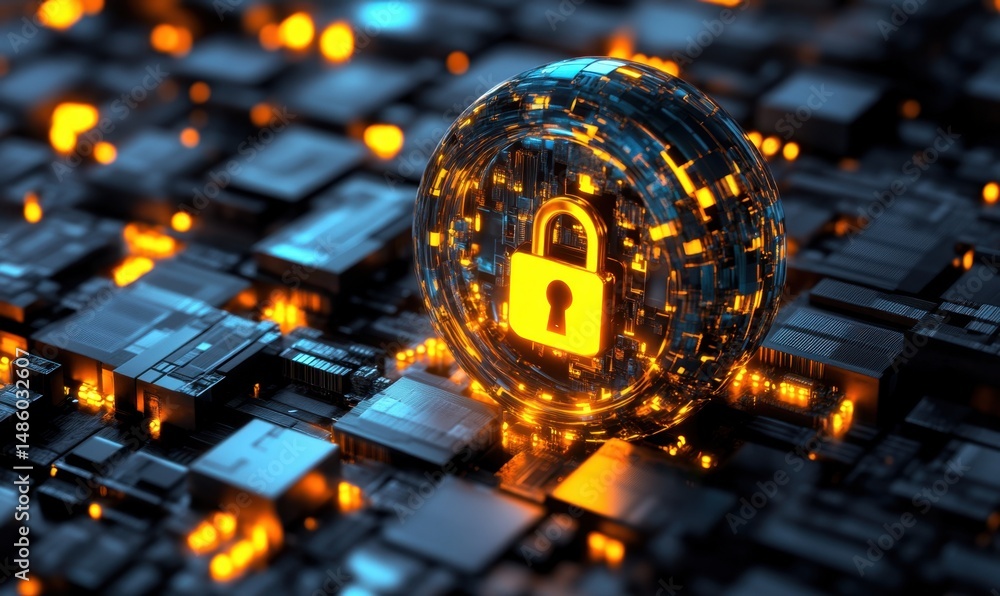 Poster cyber security sphere on circuit board; data protection