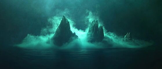 Naklejka premium Mysterious teal peaks shrouded in mist emerge from a dark sea.
