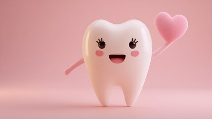 Happy tooth character holding a heart on pink background