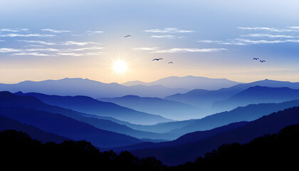 Fototapeta premium Sunrise over misty mountain range, trees at bottom, birds in sky, shades of blue