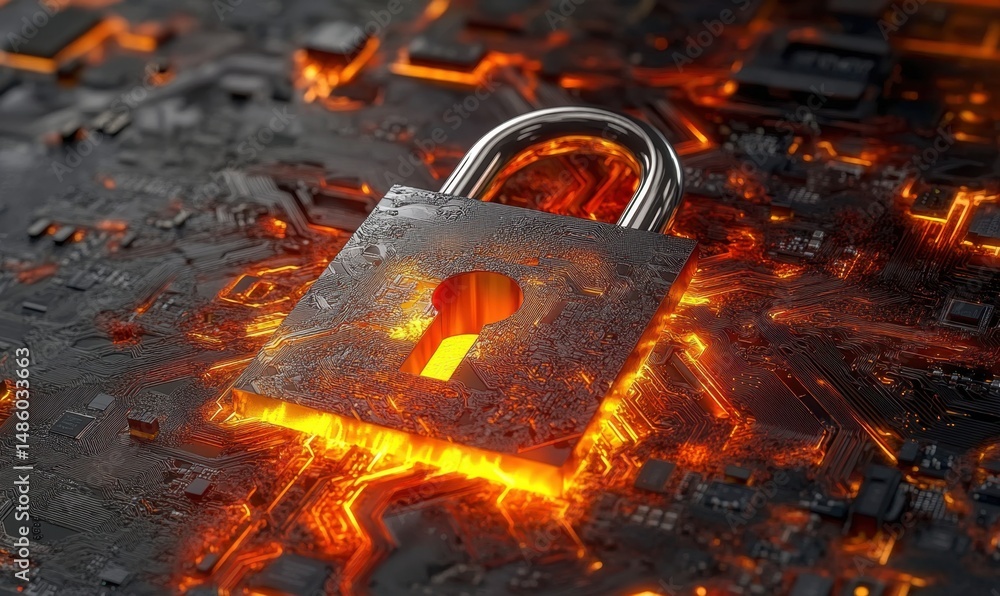 Poster fiery circuit board with padlock data security