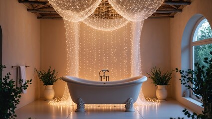 A luxurious bathroom setting featuring a clawfoot tub illuminated by warm string lights creating a relaxing and romantic ambiance. The soft glow enhances the serene atmosphere.