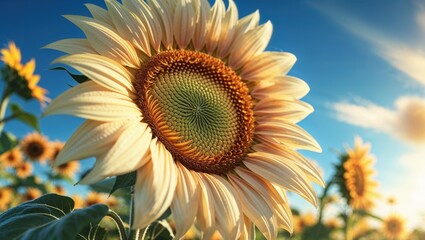 A breathtaking close-up of a sunflower, its petals bathed in warm sunlight against a vibrant blue sky. The image evokes a feeling of summer warmth and natural beauty.