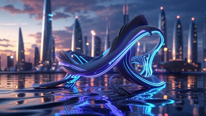 Futuristic neon sculpture on water with a city skyline in the background. The glowing blue lines create a captivating contrast against the dark water and cityscape.