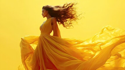 Woman in flowing yellow gown against vibrant yellow background.