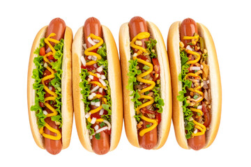   Set of Hot dogs with different toppings, top view, isolated on a transparent background