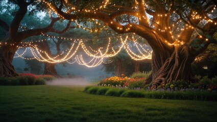 Enchanted evening scene: twinkling fairy lights draped across ancient trees in a lush garden, casting a magical glow.