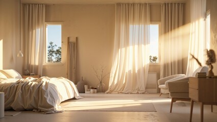 Sun-drenched bedroom with a minimalist aesthetic.  Creamy linens and sheer curtains create a calm and serene atmosphere.