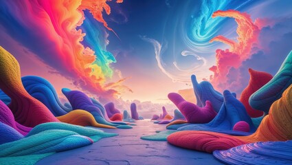 Vibrant, surreal landscape painting with colorful, fluid formations under a rainbow sky. A dreamy, whimsical scene.