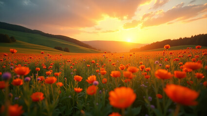 Fototapeta premium Vast Wildflower Meadow in Full Bloom at Sunset in Mountain Landscape