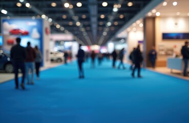 Blurred image of exhibition hall with visitors. People explore pavilions cars home appliances tech gadgets. Blue-carpeted show floor. Trade show with buyers, consumerism, technology, innovation.