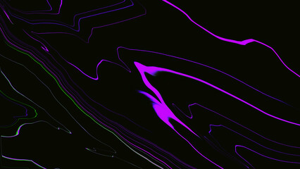 Neon green and purple pink liquid swirl wave on black background. Innovation technology. Art trippy digital screen. Luxury Backdrop. Royal banner. Template. Tech card. wavy line. Mental Well-being. VR