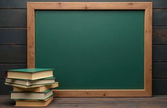 Blank chalkboard framed with wood, stacked books. Wooden background. Education theme for school classroom office. Space copy for design, message, writing. Rustic setting, study decor for lesson,