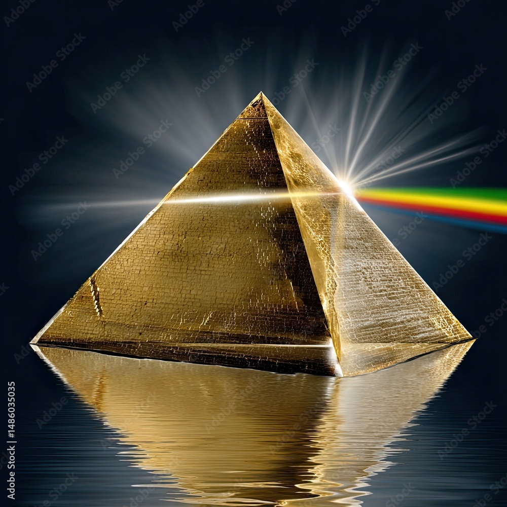 Poster golden pyramid reflection with light spectrum on water surface illuminating mystical atmosphere and 