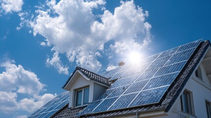 Ultra quality image of solar-powered home rooftop reflecting sunlight on a sunny day.