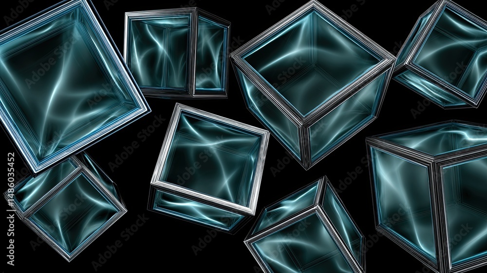 Poster abstract floating cubes with glowing edges creating a modern digital art piece showcasing reflection