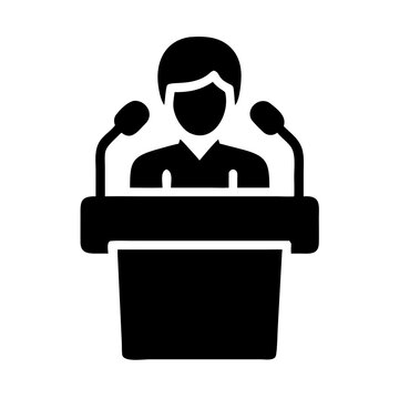 recommend clip art: Speaker at podium with microphones in black silhouette style