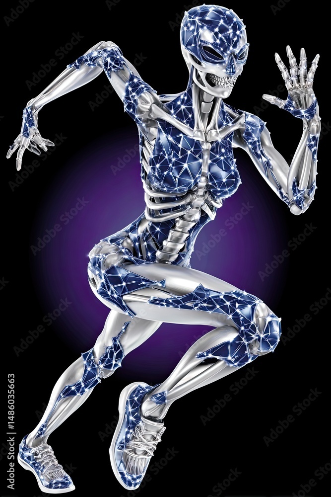 Poster futuristic robotic skeleton in dynamic running pose with neon patterns against a black background, e