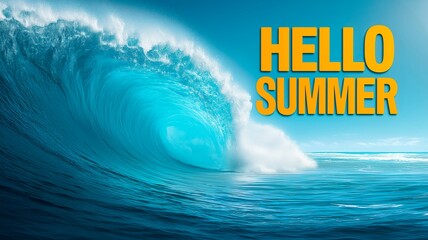 Powerful turquoise wave curling in a clear summer sky over the ocean, Hello Summer Text at the right side