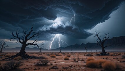 Dramatic lightning storm over a barren desert landscape.  Dark clouds fill the sky above gnarled, dead trees.