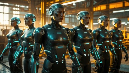 A line of female androids stand in a dimly lit industrial setting. Their metallic bodies gleam with teal accents, creating a futuristic and slightly ominous mood.