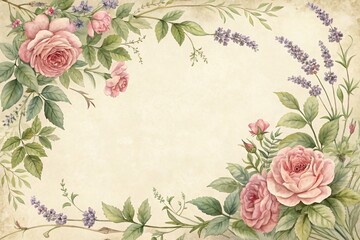 Vintage Floral Border Background with Pink Roses and Lavender Elegant Romantic Frame for Wedding Invitations and Greeting Cards