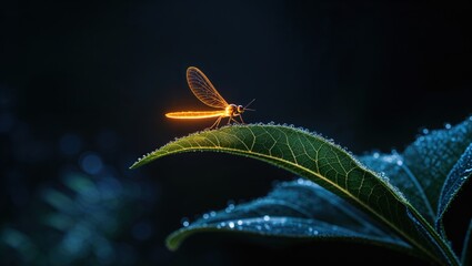 A tiny glowing dragonfly delicately perched on a dew-kissed leaf in the darkness. Nature's magic captured in a single frame.