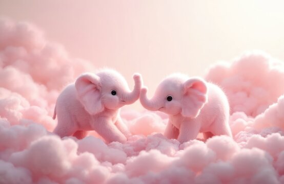 Two cute pink baby elephants walk through soft fluffy pink clouds. Adorable illustration of lovely animals in dreamy sky. Playful scene, gentle, joyful, blissful. Sweet, cuddly, gentle. Children