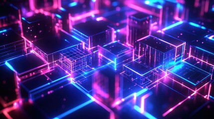 Obraz premium Glowing neon 3D grid of transparent cubes connected by bright pink and blue light lines creating a futuristic technological atmosphere