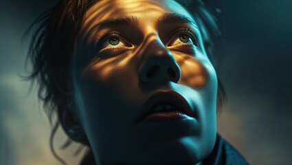 Close-up portrait of a young woman's face, illuminated by warm and cool light, creating a dramatic and moody atmosphere.