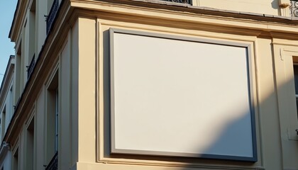 Blank billboard on Parisian building facade for advertising. Empty display space for promotion, marketing. Commercial real estate business presentation, show template. Empty advertising space.