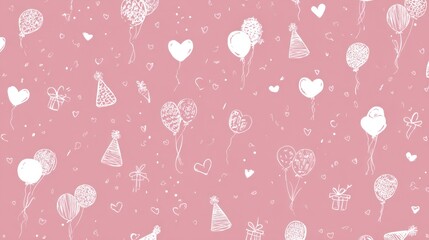 Pink background with white hand-drawn balloons, hearts, party hats, and confetti