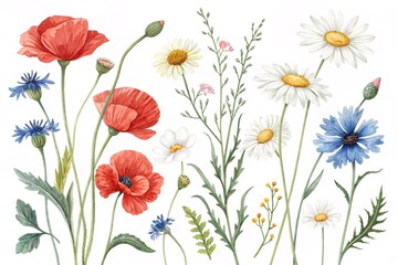 Wildflower Watercolor Illustration Poppies, Daisies, Cornflowers, and Meadow Plants for Botanical Wall Art, Stickers, or Fabric Design