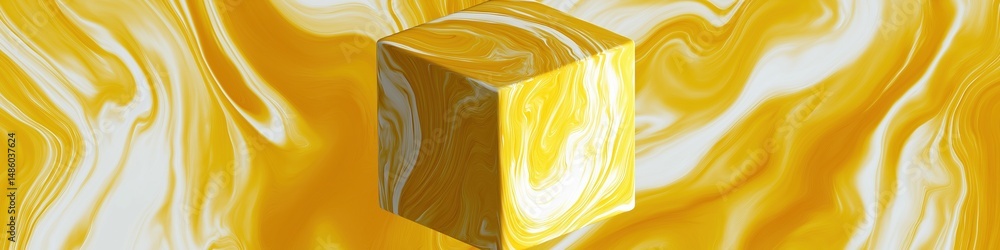 Poster a yellow cube is floating in a swirl of yellow and white. the cube is the main focus of the image, a