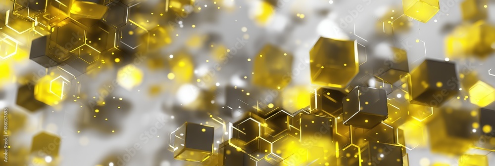 Poster a yellow and white background with a lot of cubes. the cubes are in different sizes and are scattere
