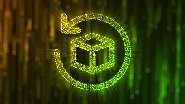 An illuminated box is encircled by a glowing arrow, demonstrating rotation and concept.