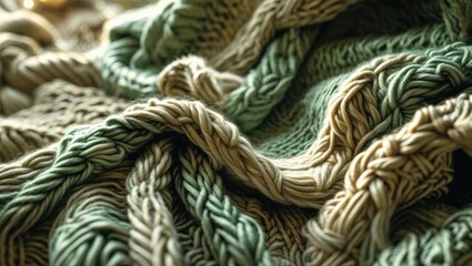 Close-up of a textured knitted fabric in shades of sage green and beige. The intricate cable knit pattern creates a visually appealing and tactile experience.